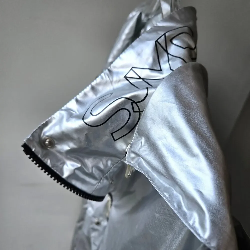 SJYP Silver Long Metallic Raincoat Hooded Womens Size Medium Korean Brand Edgy